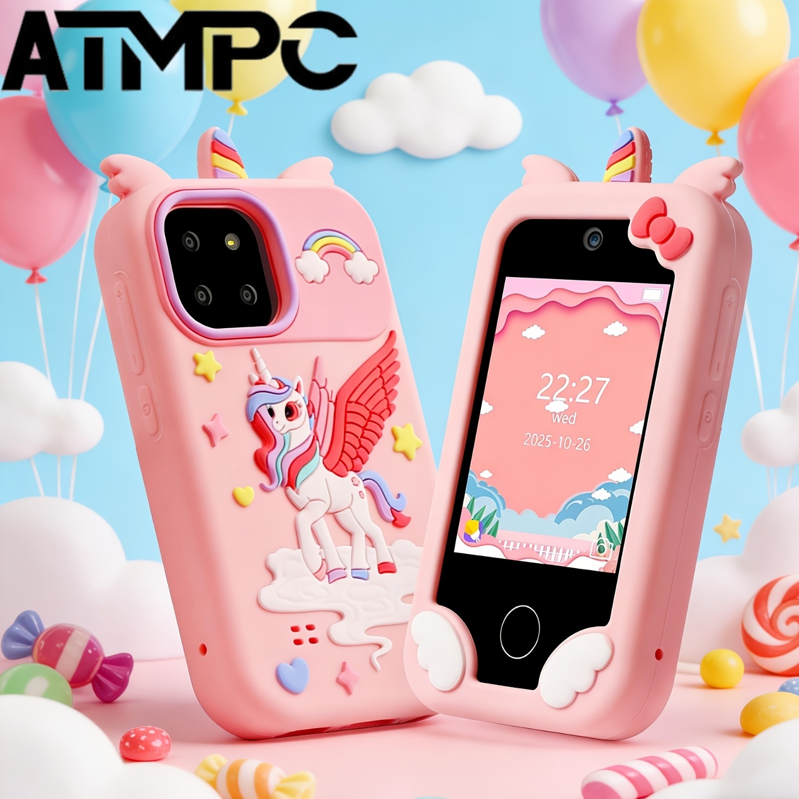 ATMPC детски смартфон 2.8" тъчскрийн - двойни камери, музикален плейър, електронна книга, пъзел игри, календар и будилник, тема розов еднорог