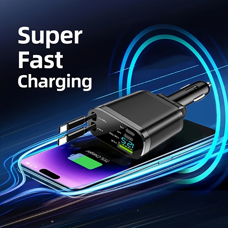 120W Бързо Автомобилно Зарядно – 2x USB Type-C, Сгъваем Кабел, Компактно - Image 4
