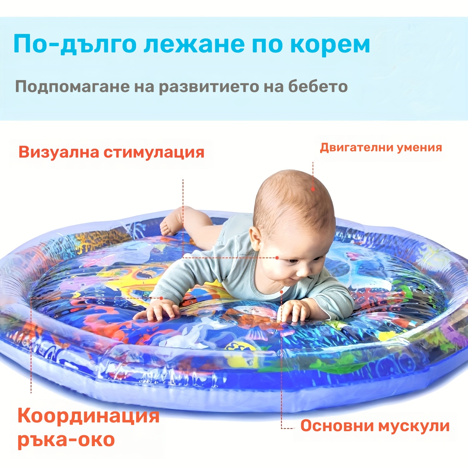 Водна постелка за игра 65 cm – сензорен стимулатор за бебета, надуваема и безопасна