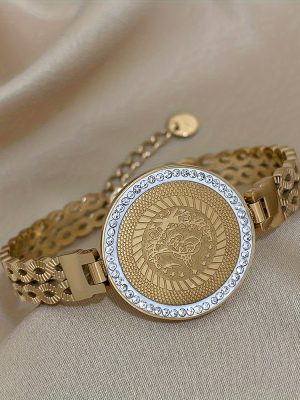 Дамска гривна от неръждаема стомана с кристали – цветя и птици, 14K златно покритие