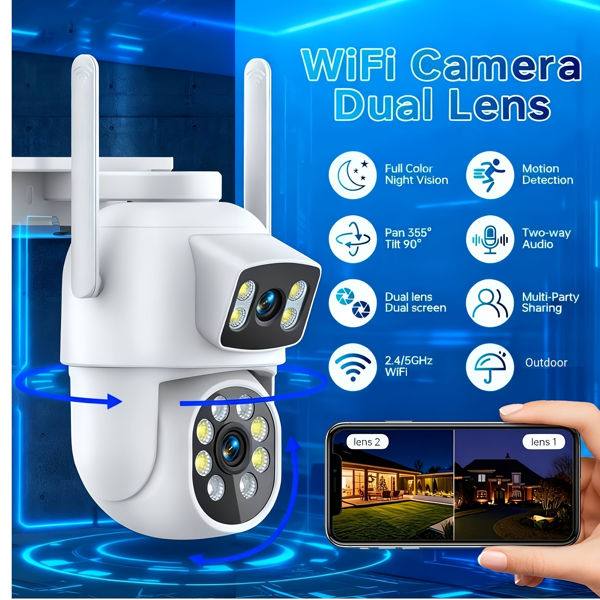 ZHXINSD Външна Камера за Сигурност - Двойна Леща, 1920P, 2.4G/5GHz WiFi, Панорамно 355° Покритие - Image 3