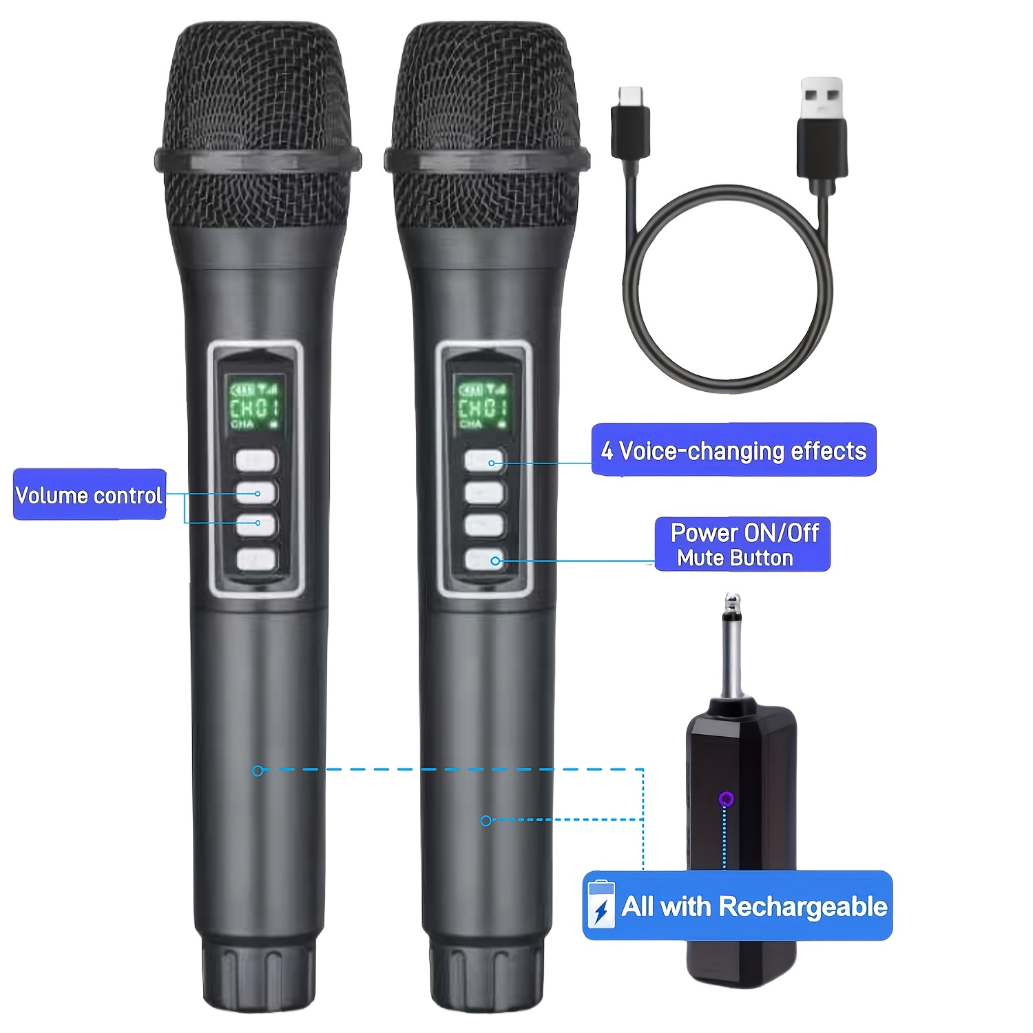 Черeн 2.4GHz безжичен микрофон – USB Type‑C зареждане, литиева батерия 18650, 6.35 мм жак - Image 4