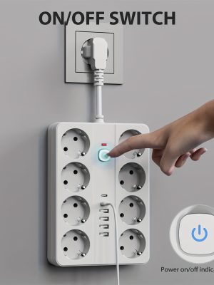 Удължителна лента 14‑в‑1 – 8 контакта, 6 USB порта (2 USB‑C), идеална за дом и офис
