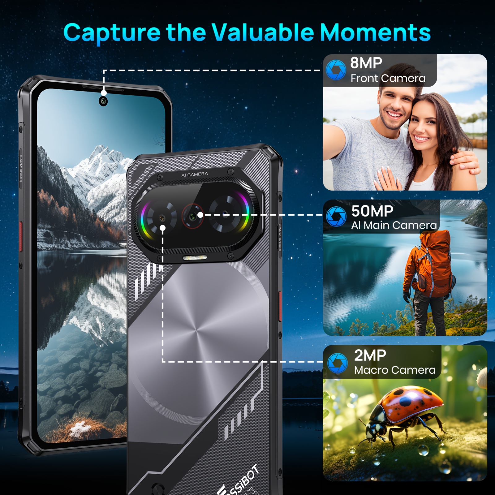 FOSSiBOT F114 външен смартфон - 6.67" HD+, 50MP AI тройна камера, 16GB+128GB, IP68K/IP69K удароустойчив, Android 15, GPS/NFC - Image 2