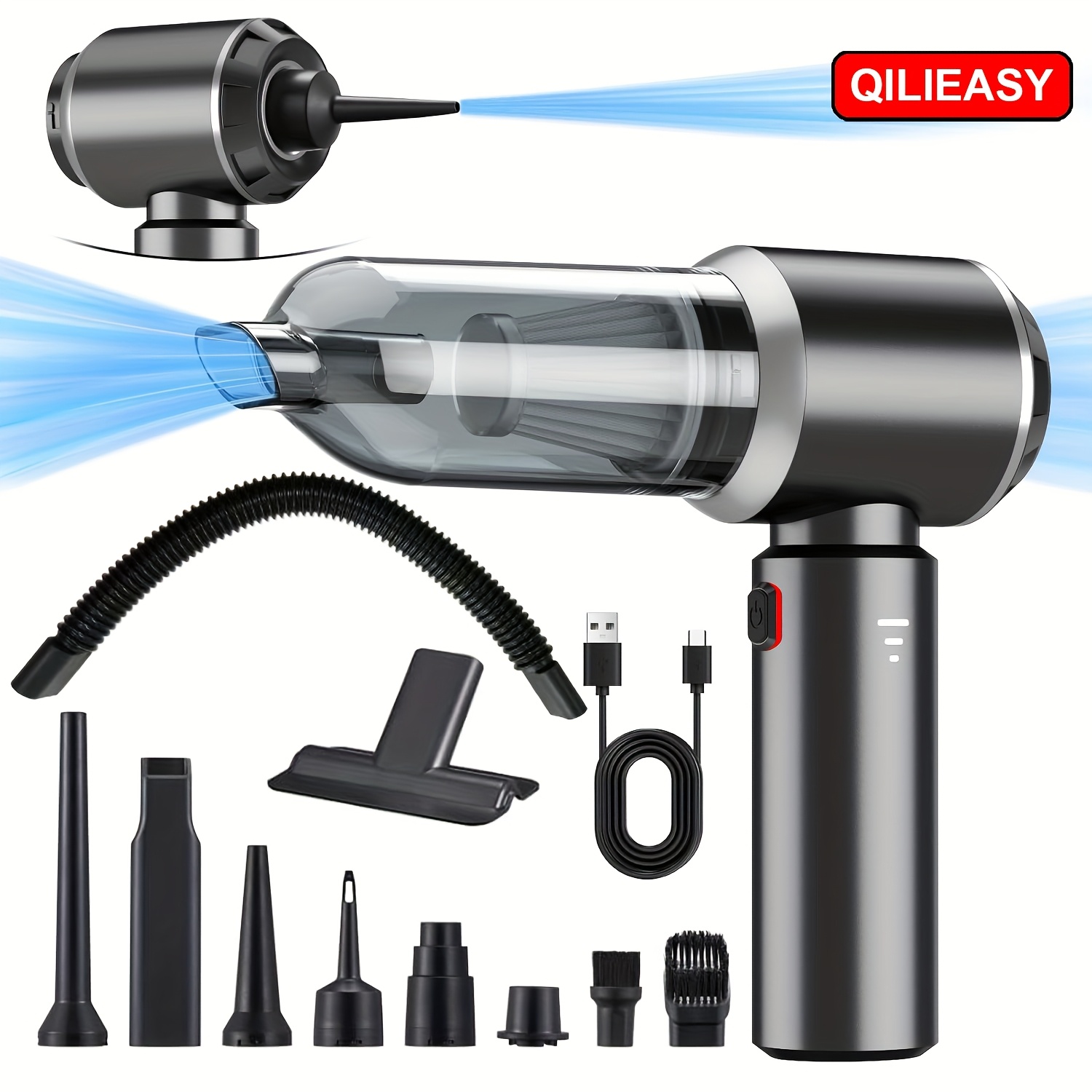 Ръчна прахосмукачка QILIEASY 100W с USB зареждане – мокро и сухо почистване за кола, диван и килим - Image 4