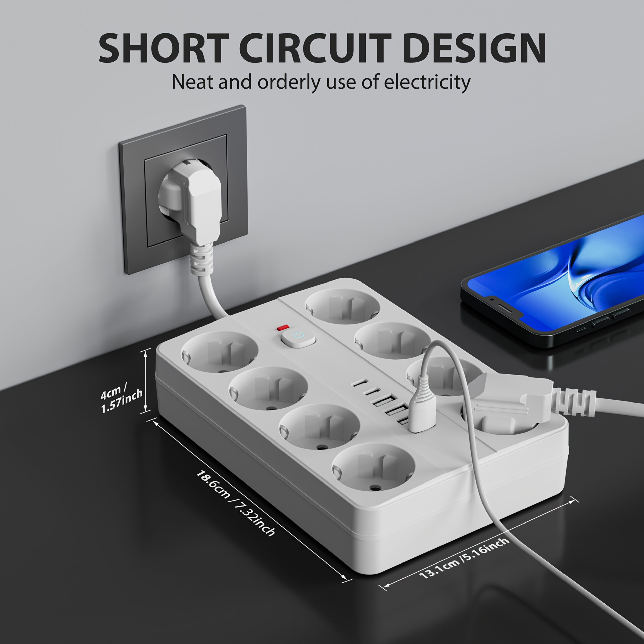 Удължител с 8 гнезда и 6 USB/USB‑C порта – за офис, дом, училище и учене - Image 4