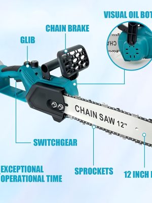 Безчетков верижен трион 18V – 30 см, съвместим с Makita, с 2x5000mAh батерии