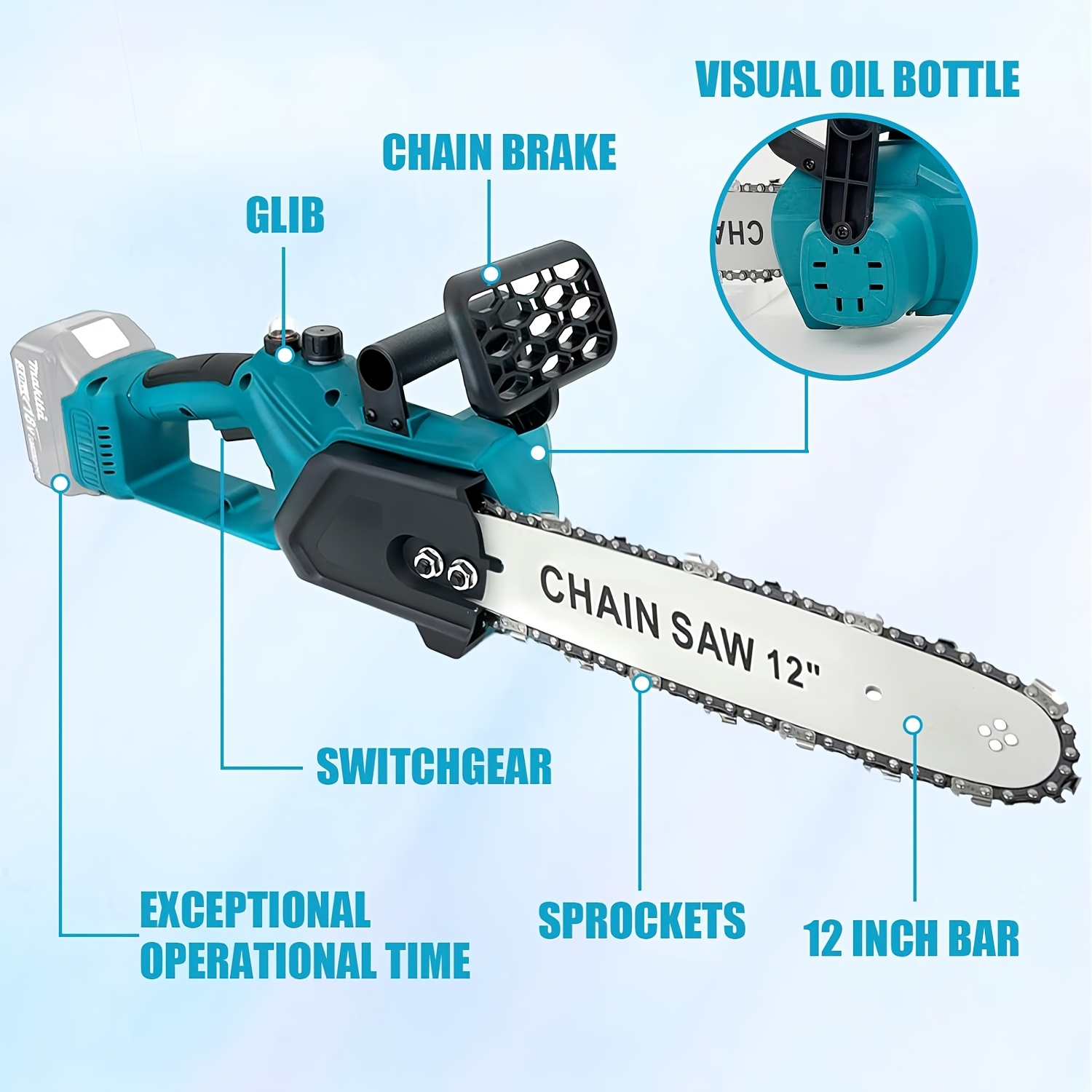 Безчетков верижен трион 18V – 30 см, съвместим с Makita, с 2x5000mAh батерии