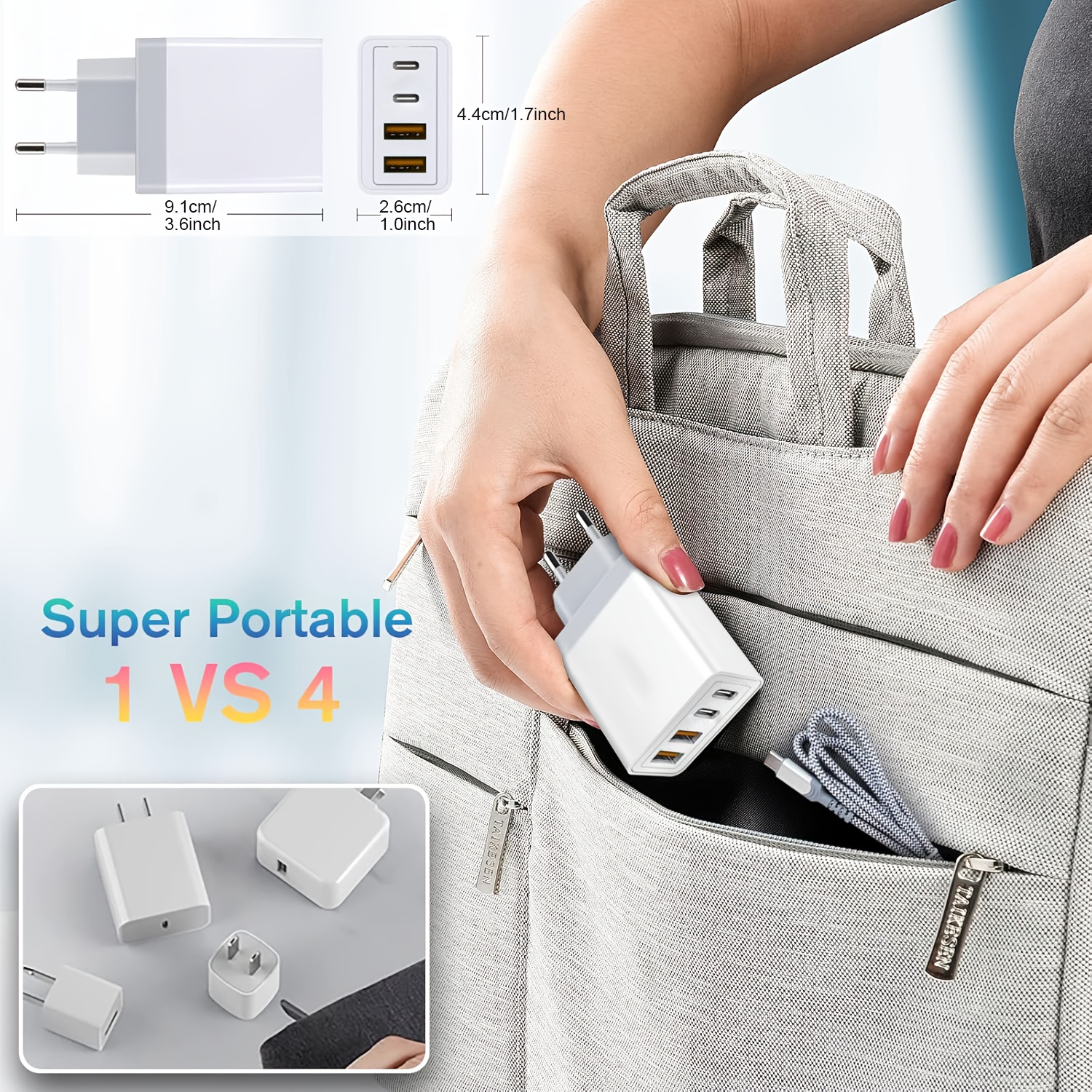 Универсален 4‑портов заряден адаптер – USB A+C, компактен дизайн, подходящ за телефони и таблети - Image 2