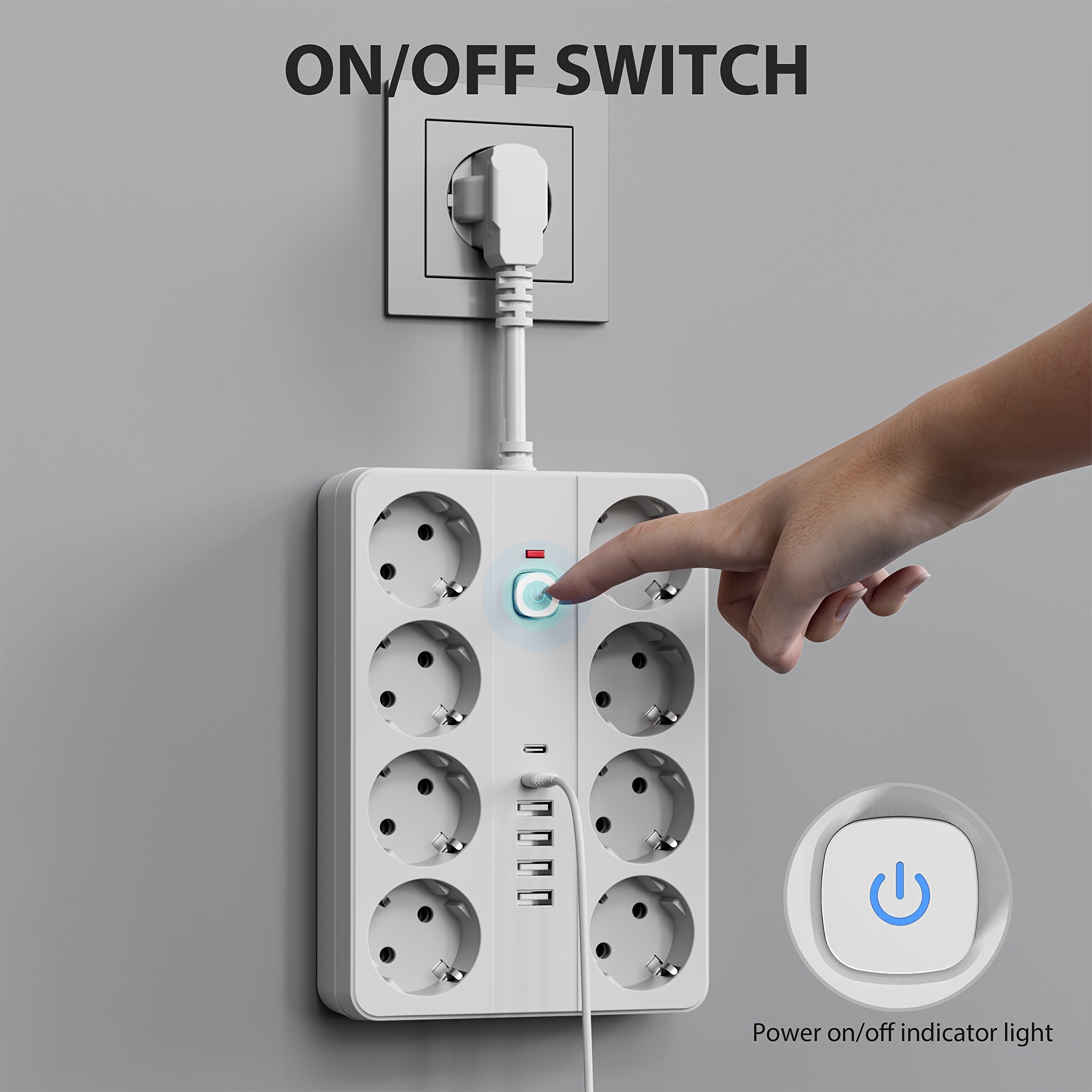 Удължител с 8 гнезда и 6 USB/USB‑C порта – за офис, дом, училище и учене - Image 2