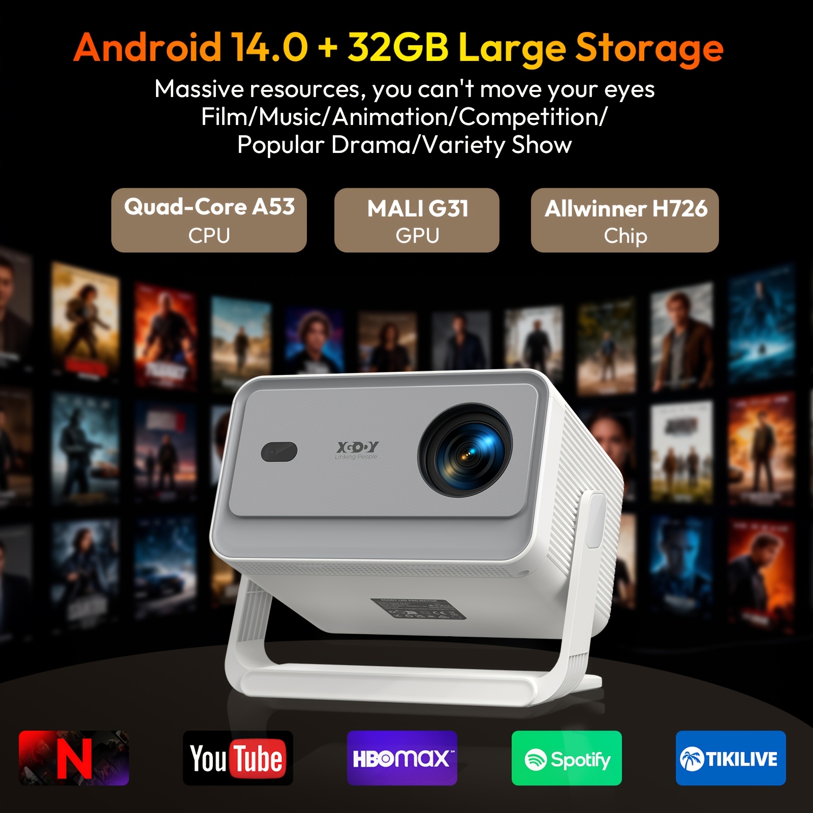 XGODY Android 14 Проектор – 1080P нативен, 8K съвместим, 650 ANSI, автофокус и кейстоун - Image 6