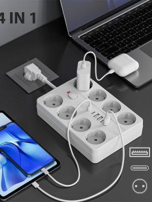 Удължител с 8 гнезда и 6 USB/USB‑C порта – за офис, дом, училище и учене