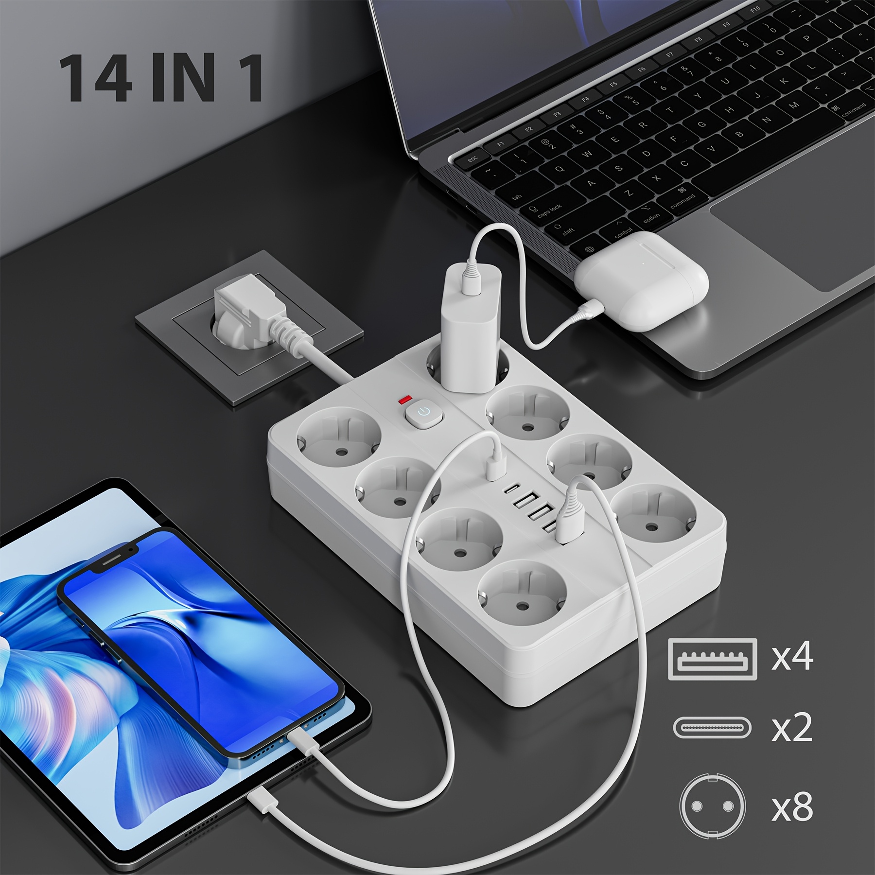 Удължител с 8 гнезда и 6 USB/USB‑C порта – за офис, дом, училище и учене