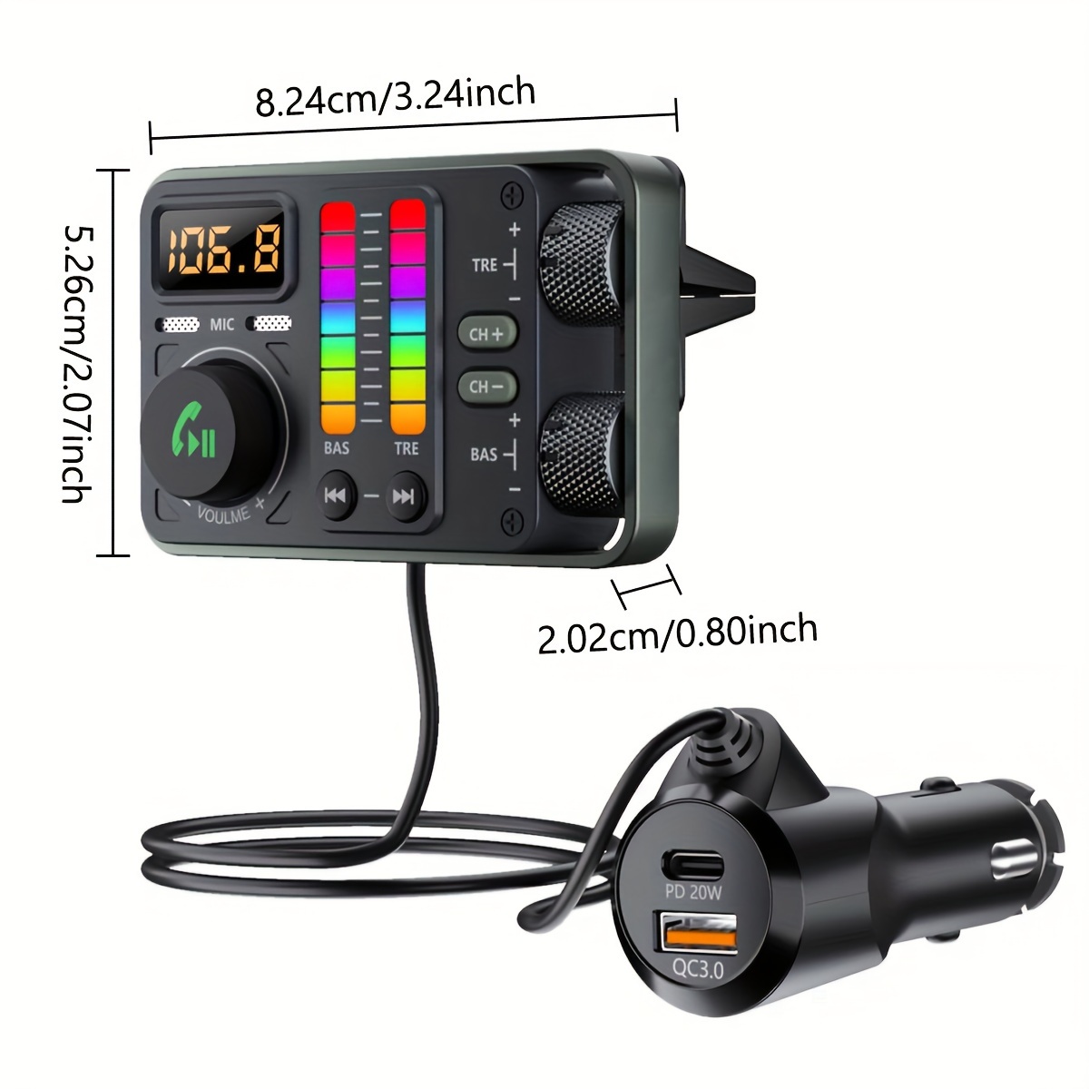 Безжичен FM предавател за кола, Bluetooth, AUX, MP3 плейър, PD 20W QC3.0 бързо зареждане - Image 3