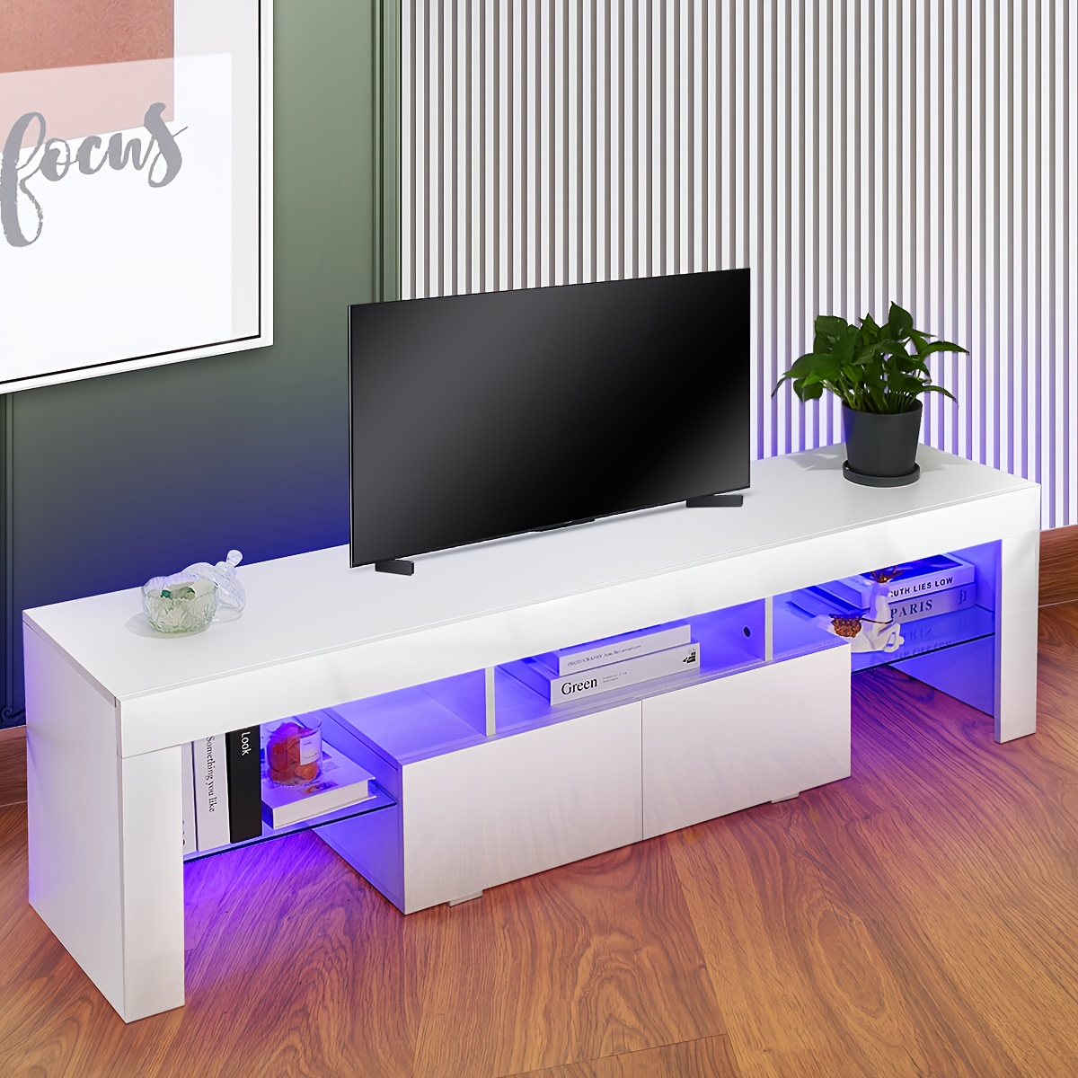 Модерен ТВ шкаф Kehot 160 см – бял с LED осветление - Image 2