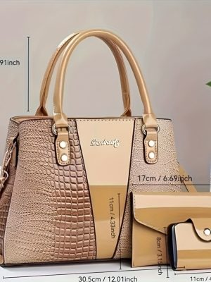 Комплект дамски чанти от естествена кожа – крокодилски дизайн, 3 части