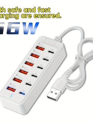 Мощно 12‑портово бързо зарядно устройство – 6 PD Type‑C + 6 USB‑A, идеално за офис и работно пространство