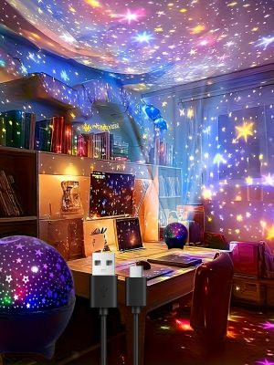 USB Звезден Лунен Проектор PILEE – динамична космическа атмосфера, RGB осветление, идеален за спални и холове
