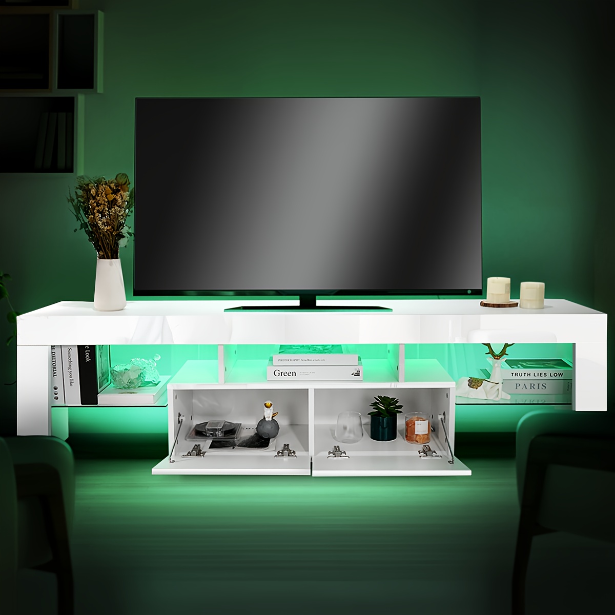 Модерен ТВ шкаф Kehot 160 см – бял с LED осветление - Image 4