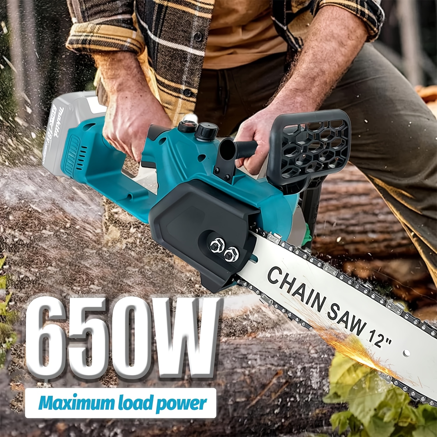 Безчетков верижен трион 18V – 30 см, съвместим с Makita, с 2x5000mAh батерии - Image 2