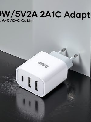 Компактно бързо зарядно TIENSUN – 3‑портов USB A+C адаптер, универсално 220–240V