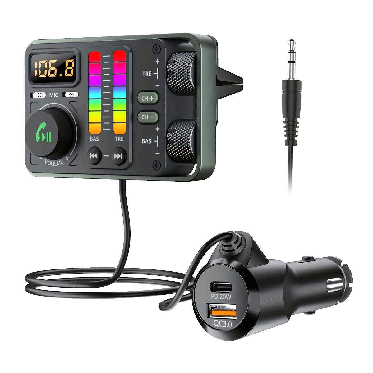 Безжичен FM предавател за кола, Bluetooth, AUX, MP3 плейър, PD 20W QC3.0 бързо зареждане
