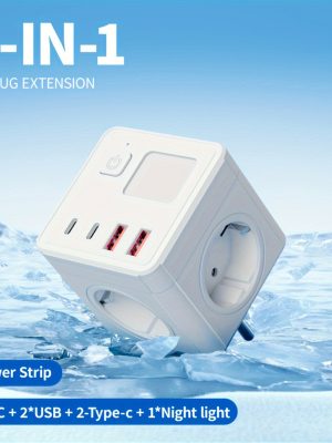 Многофункционален 8‑портов разклонител – EU стандарт, USB/Type‑C зареждане и LED нощна лампа