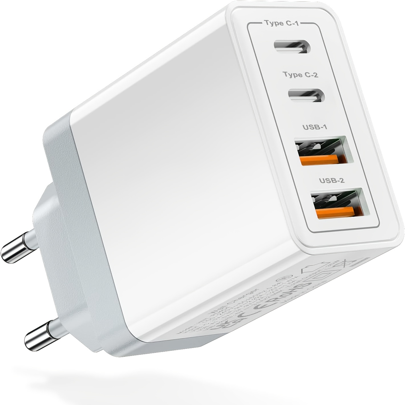 Универсален 4‑портов заряден адаптер – USB A+C, компактен дизайн, подходящ за телефони и таблети