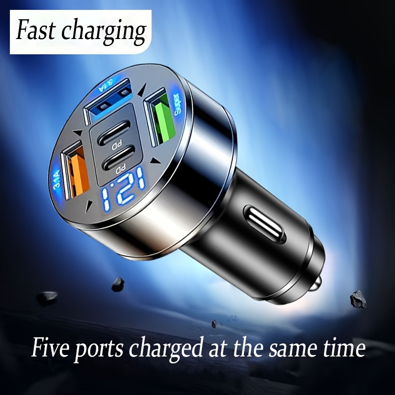 5-в-1 Мултифункционално Скрито Зарядно за Кола – 3 USB + 2 PD, Супер Бързо Зареждане - Image 3