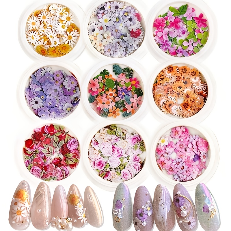 Комплект 9 кутии 3D декорации за нокти – цветя, пайети и брокат за nail art - Image 5