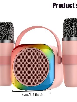 Мини караоке машина с 2 безжични микрофона – преносим караоке плейър, 5W, USB/батерия, Type‑C зарежданекар