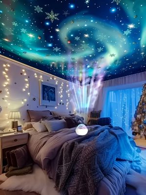 Aurora LED проектор YETHKE – многоцветна нощна лампа с дистанционно, 7 динамични режима, USB Plug‑and‑Play