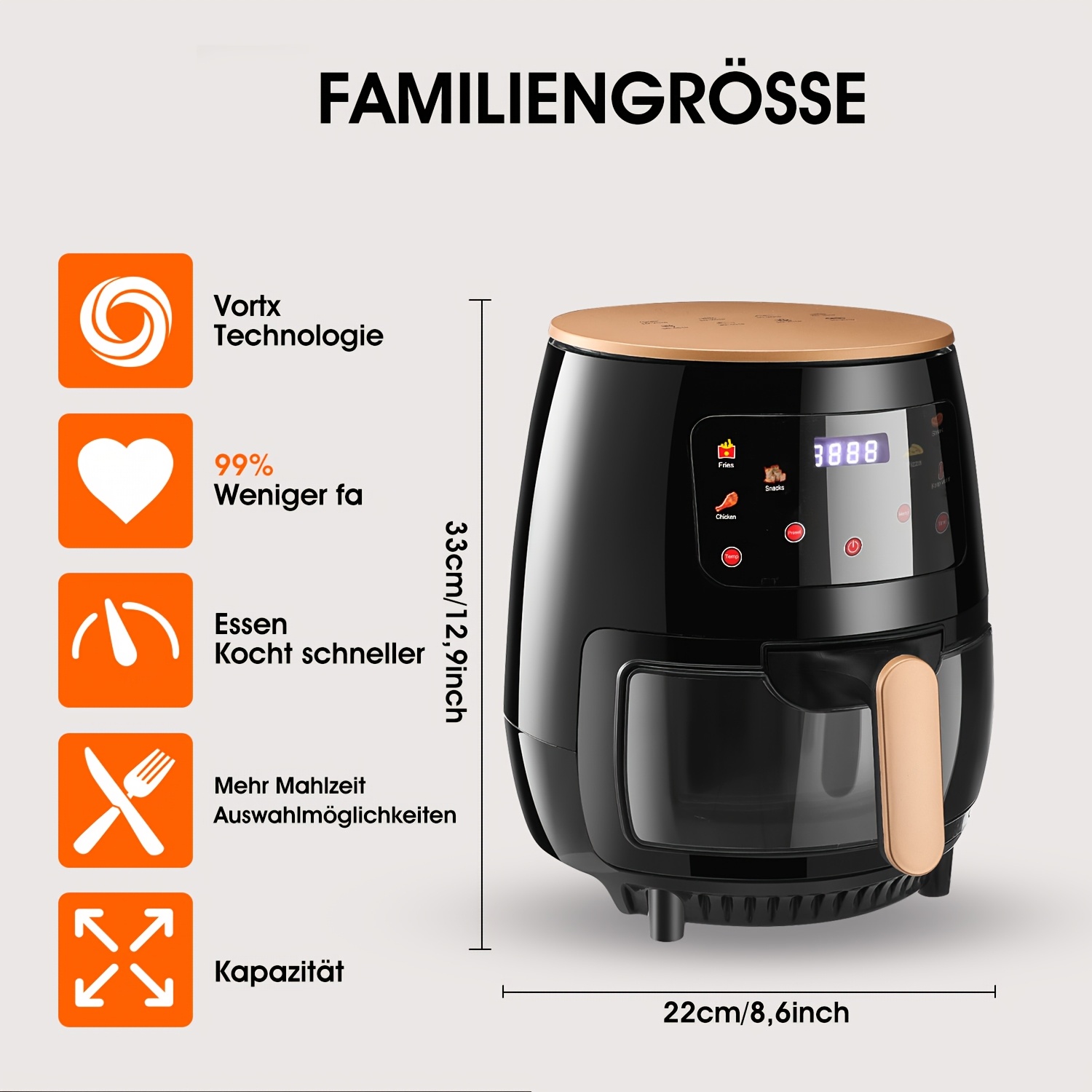 Дигитален Air Fryer 6L / 8L / 9L - Въздушен Фритюрник с Прозорец и Неръждаема Стомана - Image 3