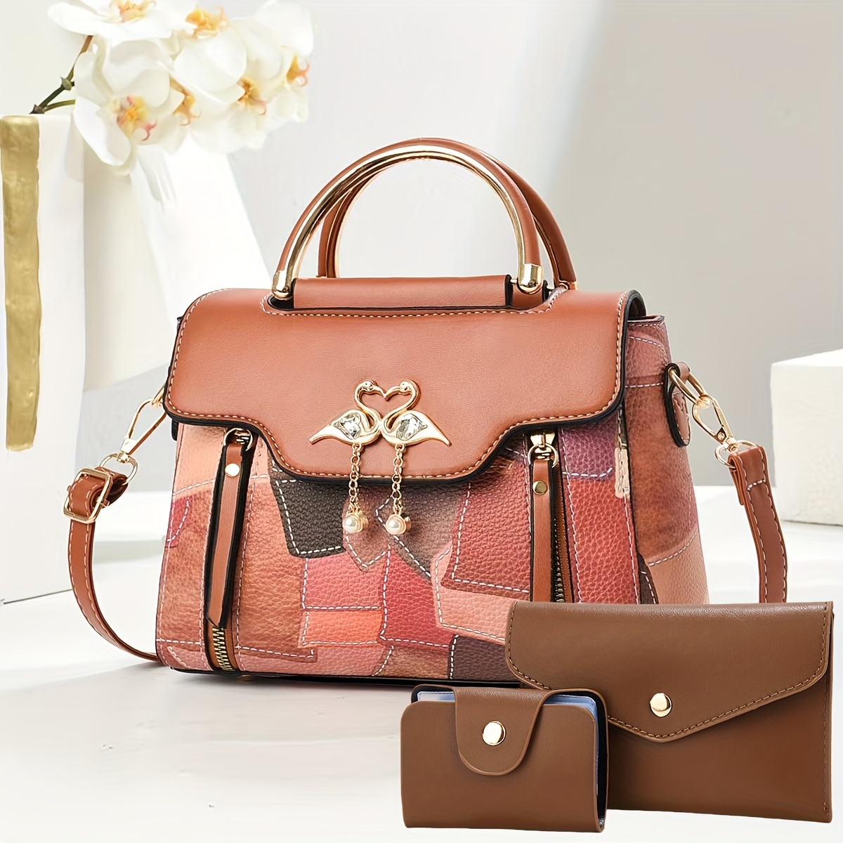 Комплект дамски чанти 3 части – раменна, ръчна и crossbody чанта - Image 13