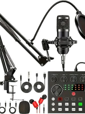 Професионален подкаст миксер + кондензаторен микрофон – USB зареждане, вградена батерия, идеален за стрийминг
