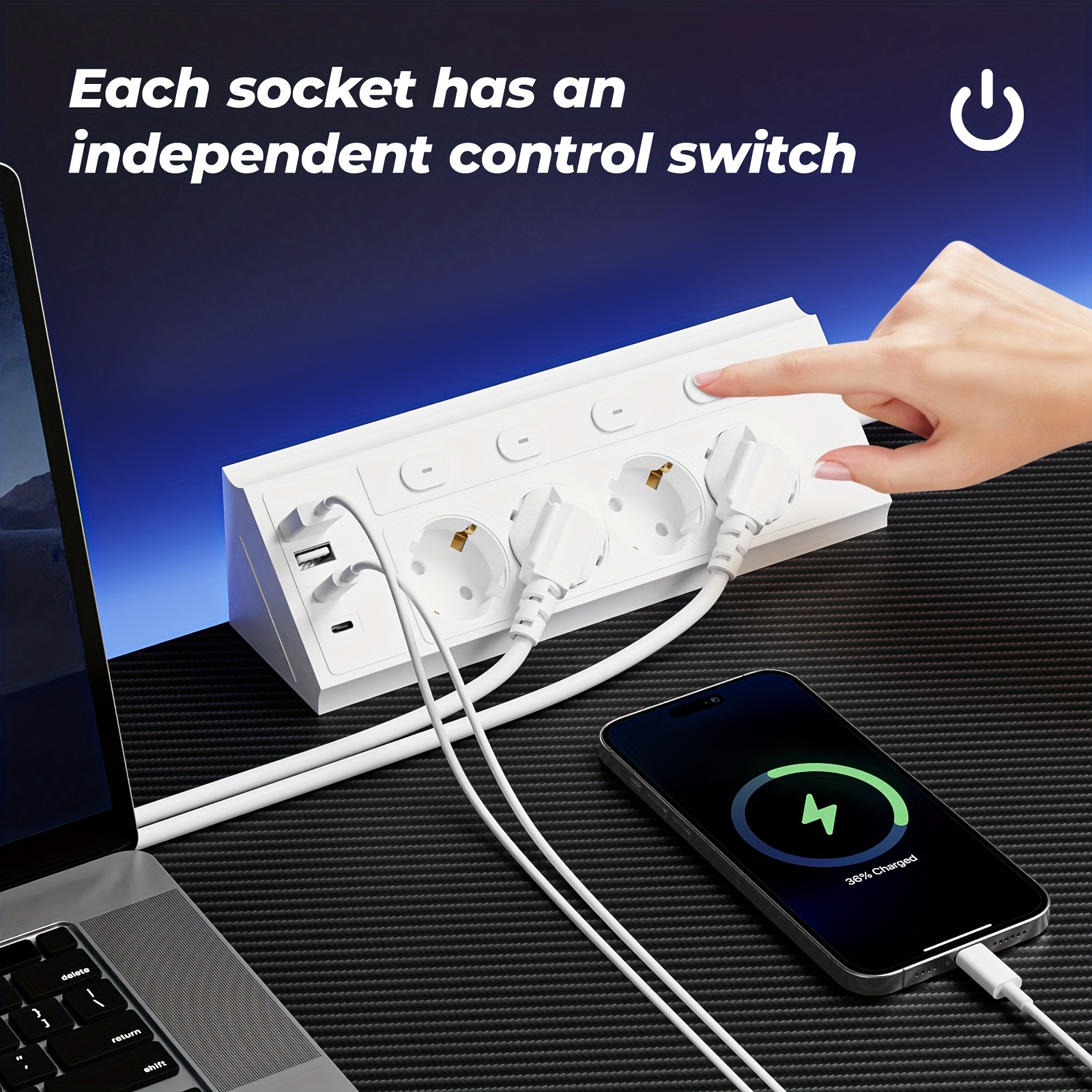 Ъглов разклонител за бюро – европейски стандарт, 4 контакта + USB/Type‑C, идеален за дом и офис - Image 5
