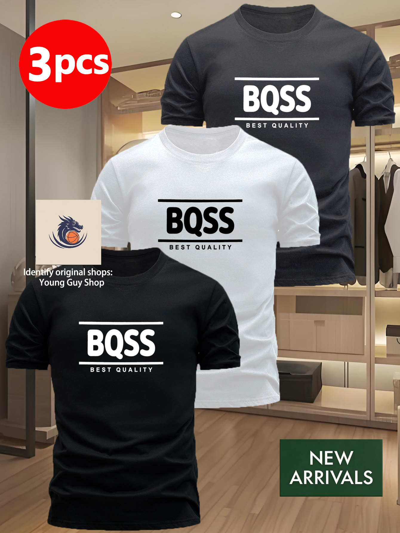 Мъжки тениски 3 бр. BQSS – минималистичен принт BEST QUALITY, къс ръкав