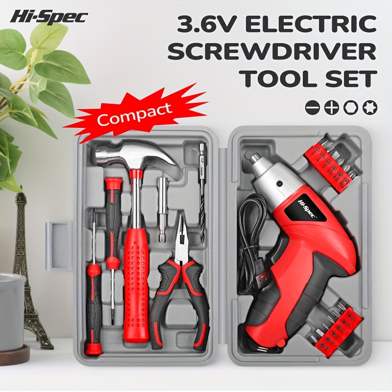 Hi-Spec Червен 3.6V Комплект Електрически Инструменти, Компактен Кутия с Инструменти, Инструменти за Домашен Ремонт, Многофункционален Електрически Комплект Инструменти за Домакинство, USB Зареждаща се Литиева Батерия, Ръчен Преносим Комплект Инструменти с Ниска Мощност за Различни Домашни Сценарии