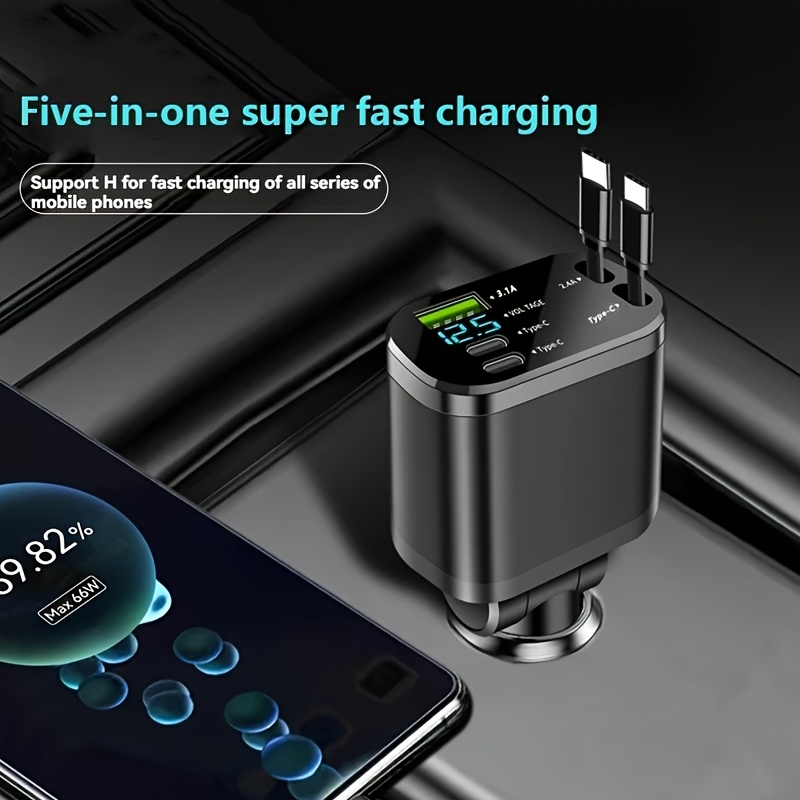 120W Бързо Автомобилно Зарядно – 2x USB Type-C, Сгъваем Кабел, Компактно - Image 5