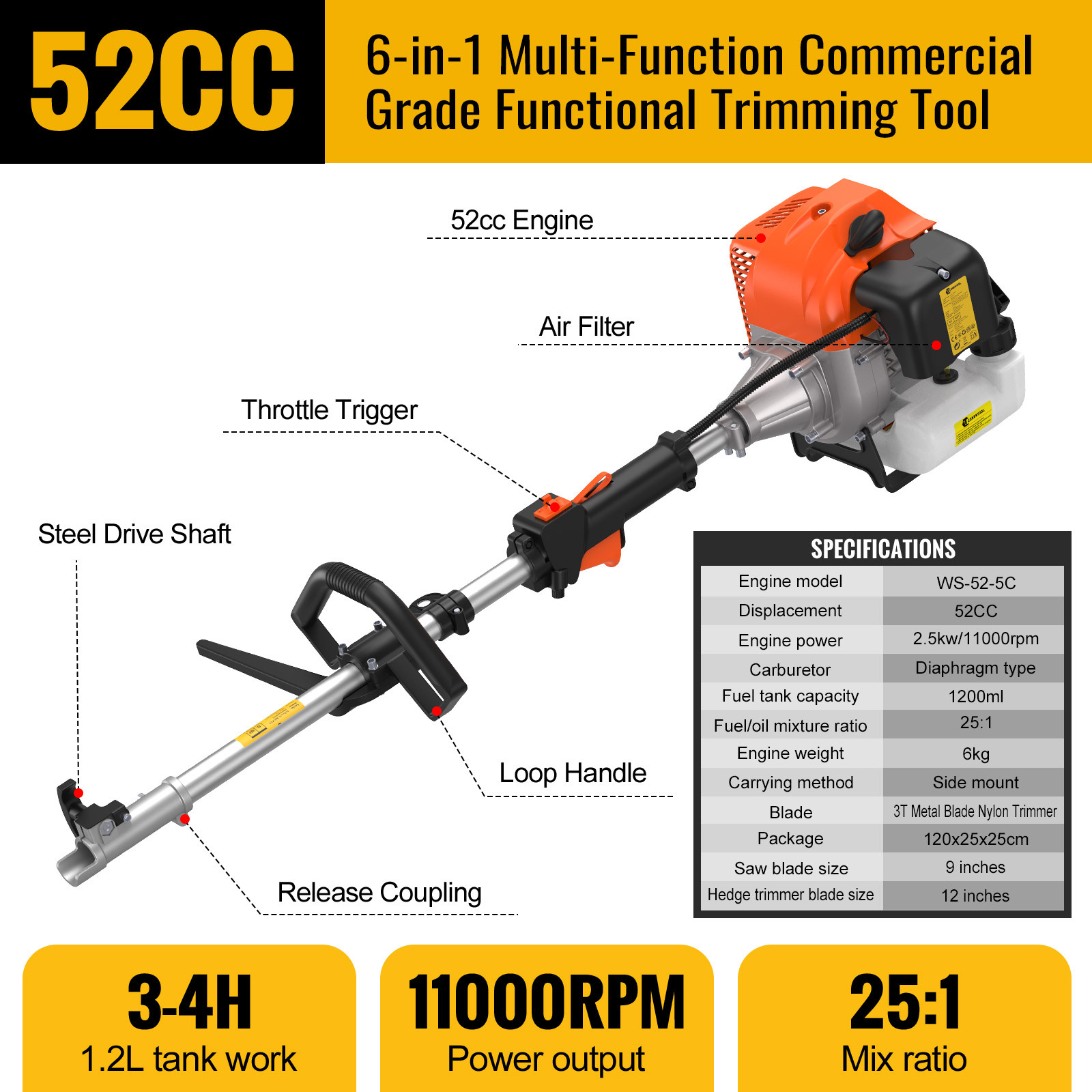 Conentool 52CC бензинов тример 2/6-в-1 – Мултифункционален градински инструмент с телескопична дръжка - Image 3