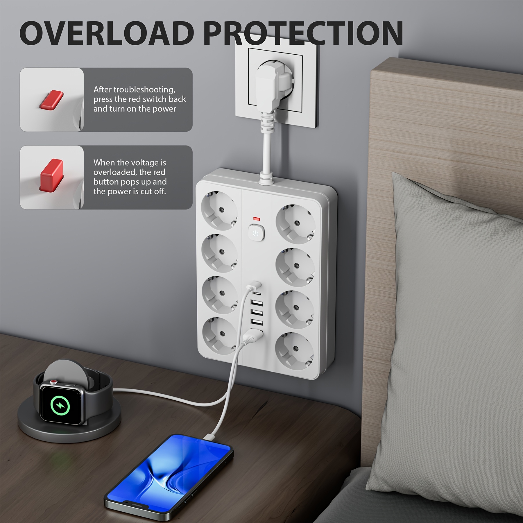 Удължител с 8 гнезда и 6 USB/USB‑C порта – за офис, дом, училище и учене - Image 7