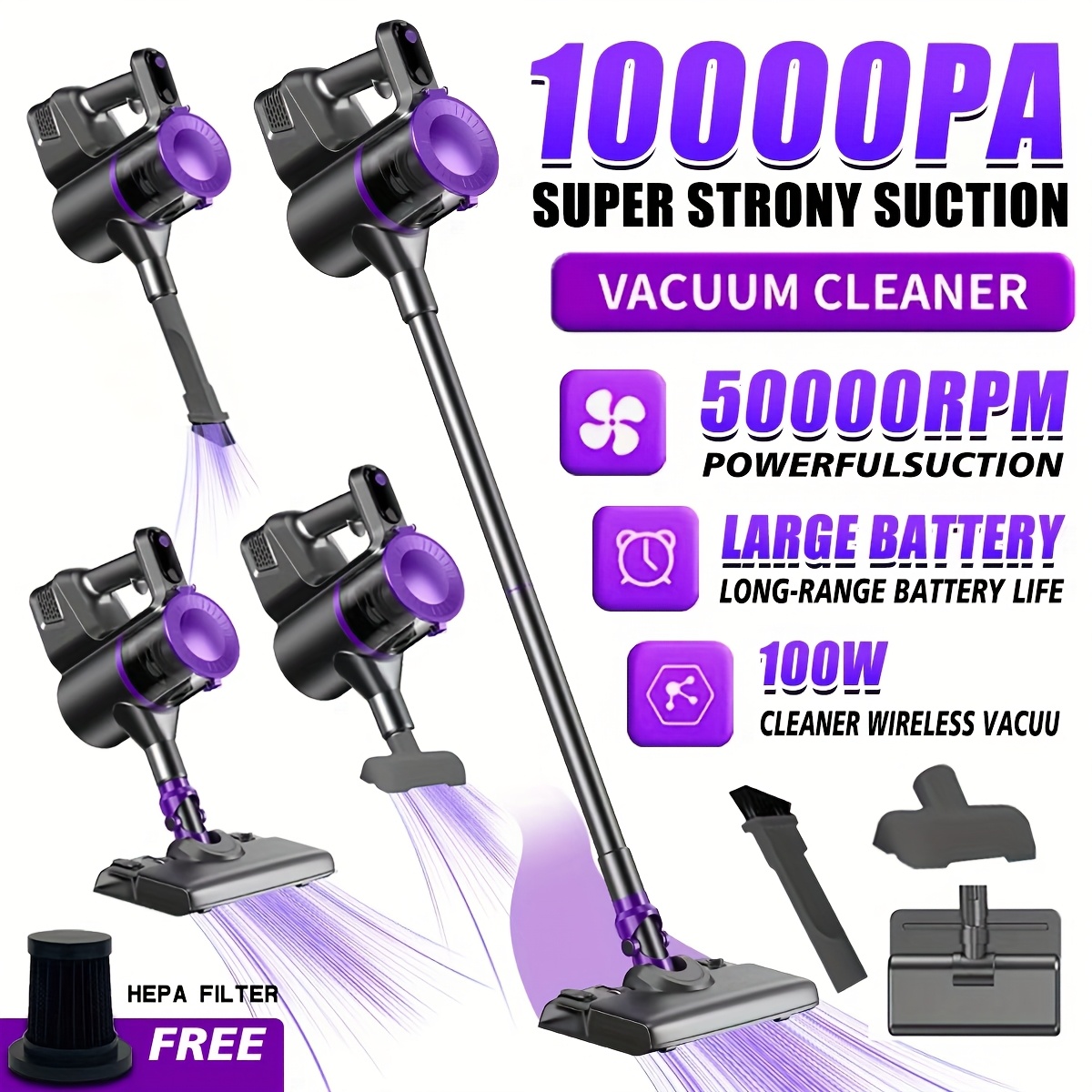 Ръчна прахосмукачка JKUOO - мощна 10KPa с USB зареждане и контейнер 1.3L