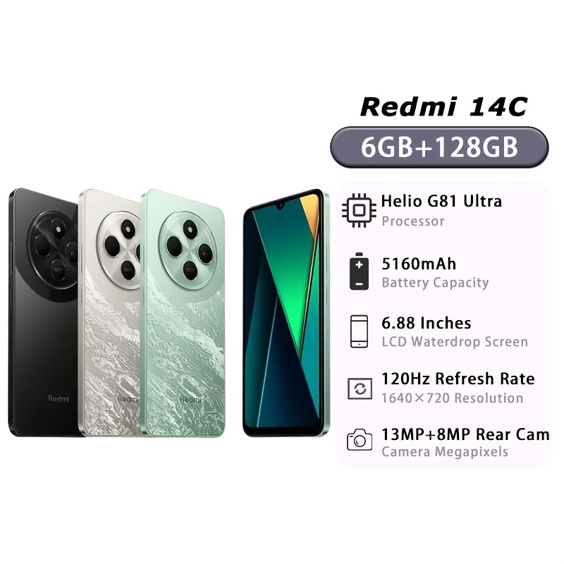Xiaomi Redmi 14C 4G 6GB+128GB - 6.88" 120Hz HD екран, 50MP AI двойна камера, 13MP HD основна камера, голяма батерия 5160mAh, без зарядно, азиатска версия