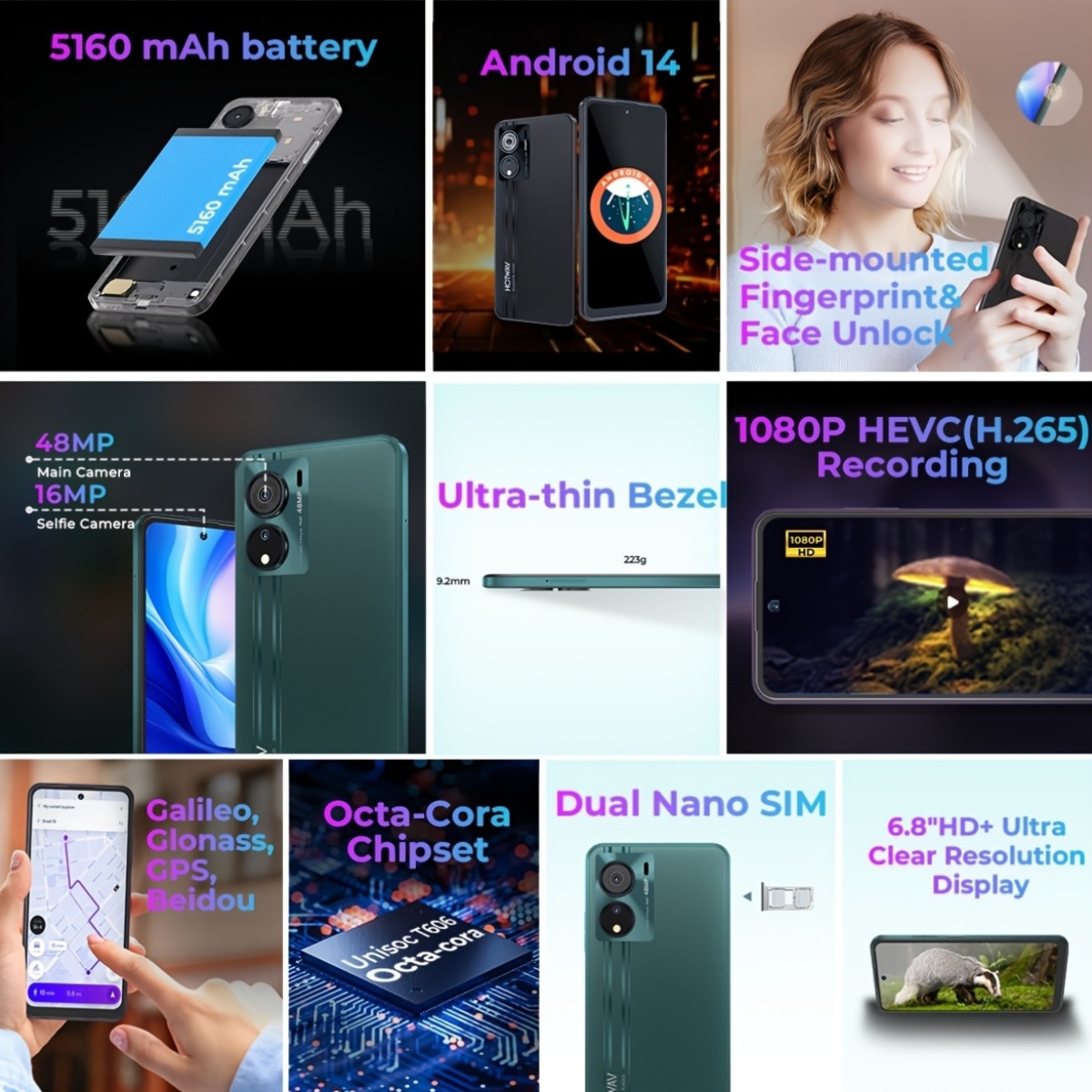 HOTWAV Note 12 EF - 6.8" HD+ дисплей, 12GB RAM + 128GB памет, 48MP+16MP камери, Android 14, Dual SIM, 4G, Wi-Fi, GPS, Face ID - Image 4