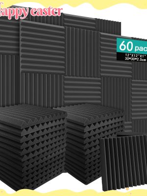 Комплект от 60 черни клиновидни акустични панели – 30×30×2.5 см, огнеупорна звукоизолираща пяна за дом и офис