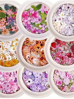Комплект 9 кутии 3D декорации за нокти – цветя, пайети и брокат за nail art