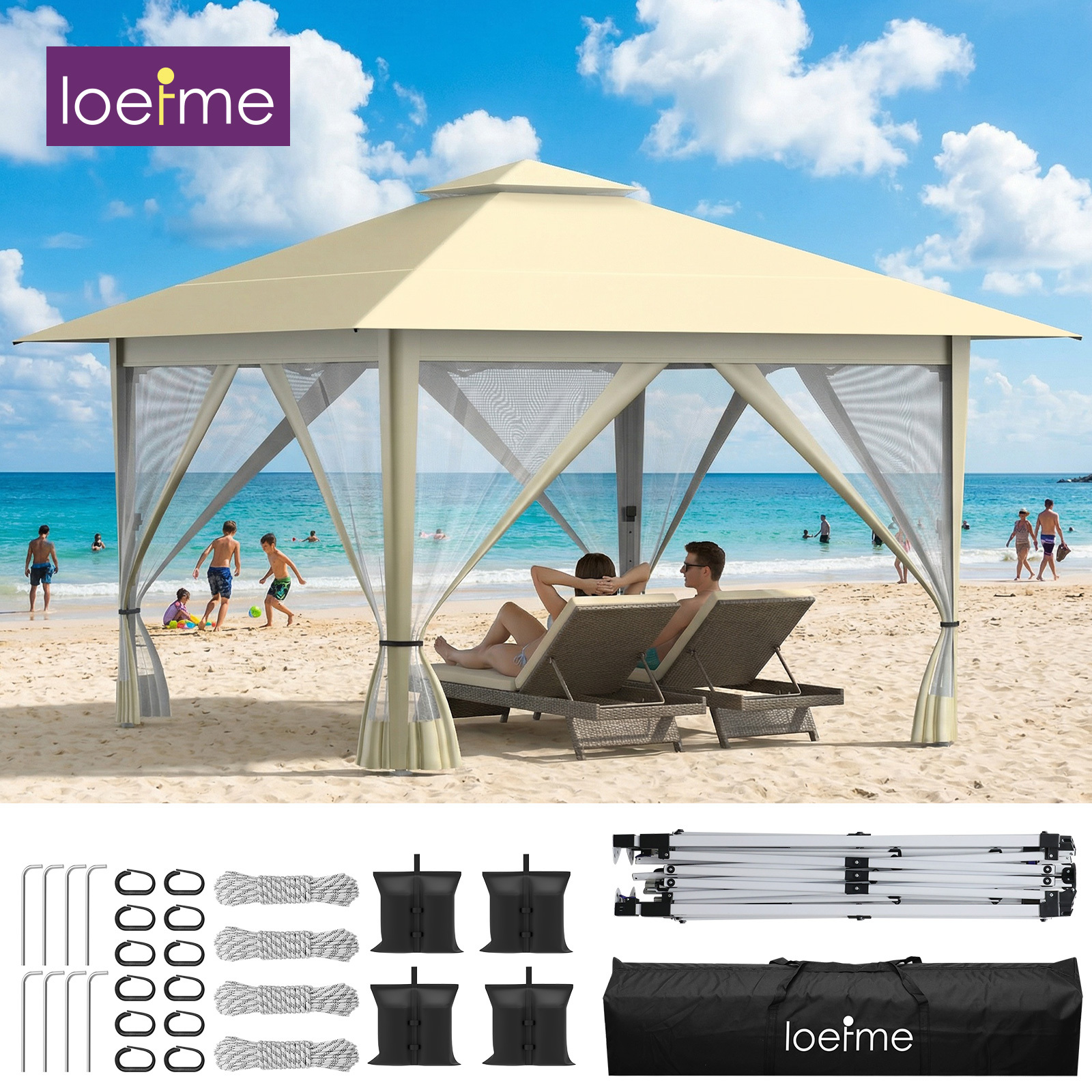LOEFME 3.9x3.9m Сгъваем палатка-беседка – Моментално сгъваем навес с 4 странични панела, за градина, тераса и пикник - Image 6