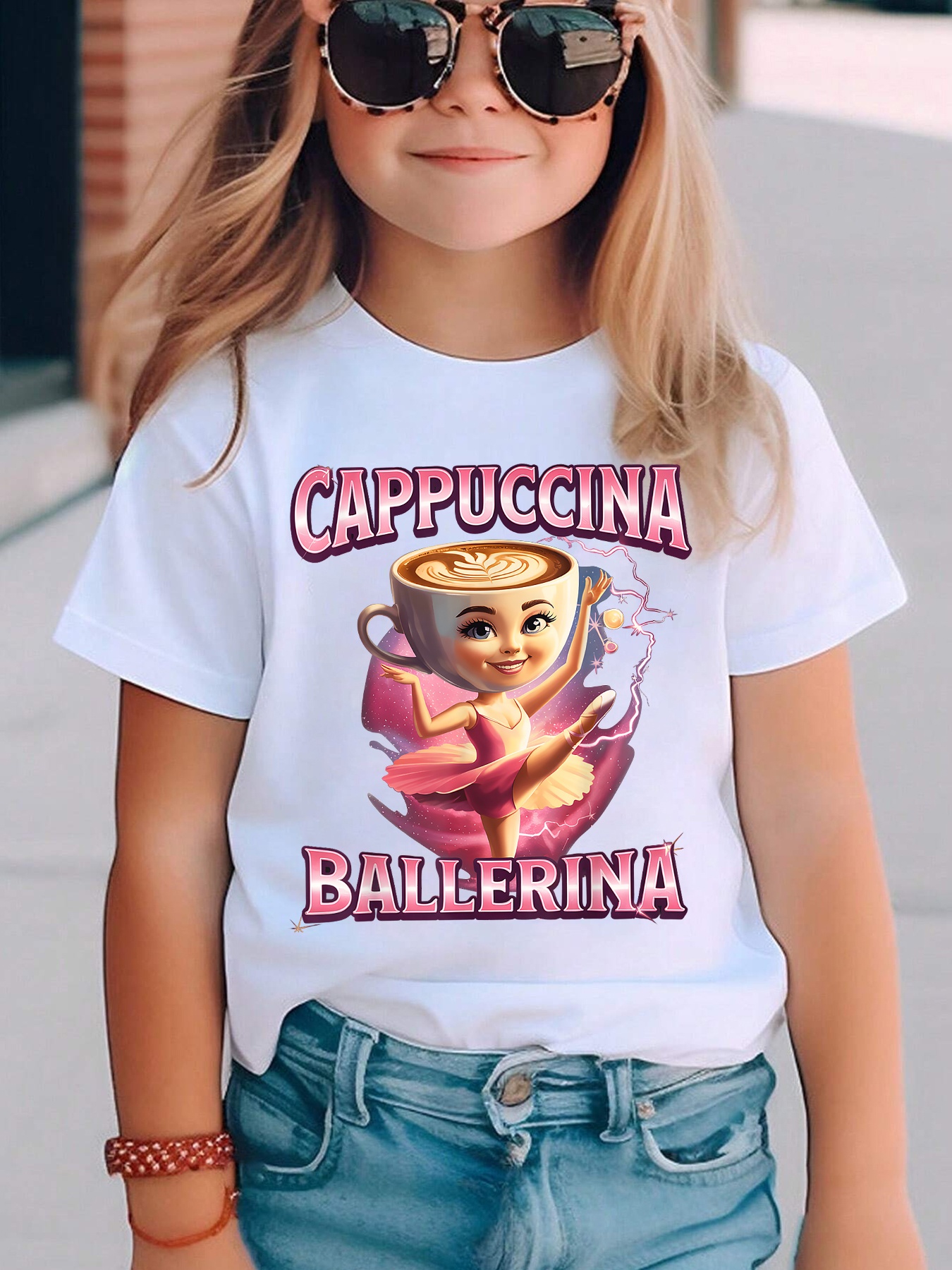 Момичешка тениска CAPPUCCINA BALLERINA – анимационен принт, къс ръкав, летен стил - Image 5