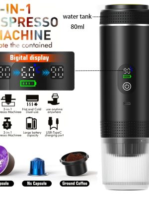 Преносима еспресо машина 3-в-1 – 20Bar, самозагряваща, с батерия 7500mAh, за капсули и мляно кафе