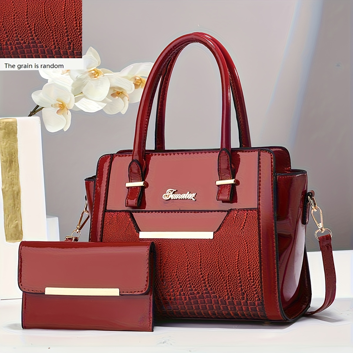 Комплект 2 дамски чанти с крокодилски принт – гланцирани тоут модели - Image 11